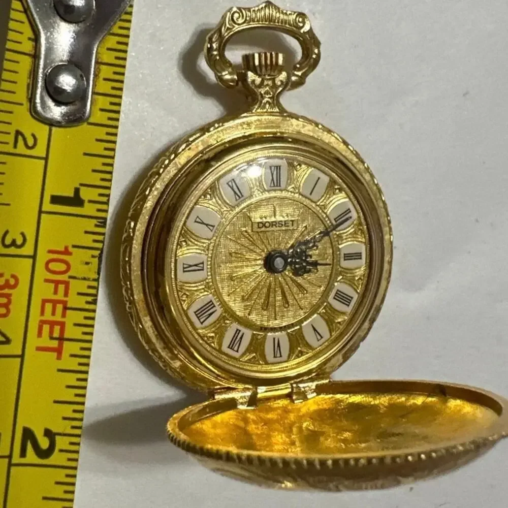 Vintage Dorset mini pocket watch wind up Works! Floral pattern on front & back